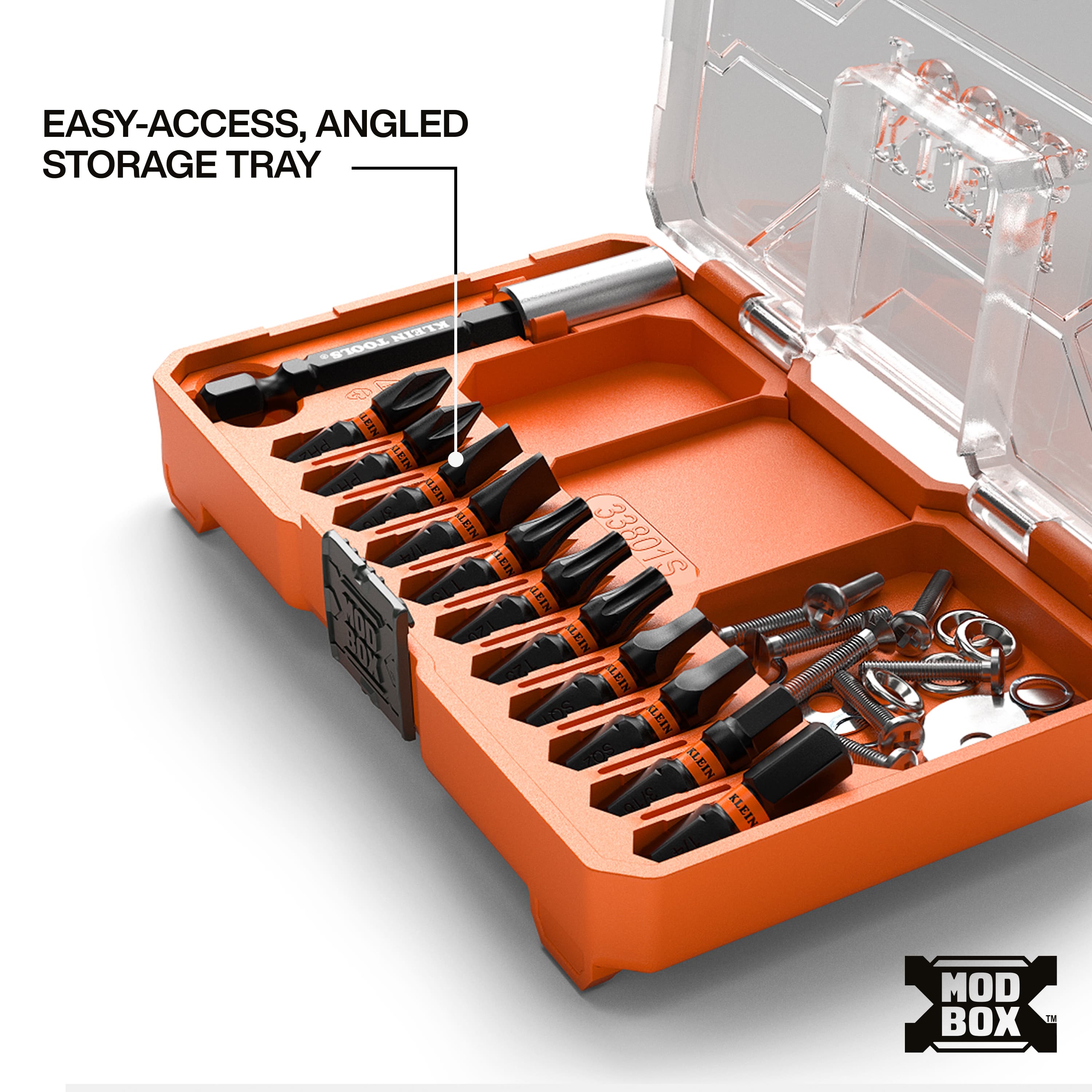 Detailed view of the open Klein Tools storage case with the bits angled in the easy-access storage tray, also showing a side compartment used for storing loose fasteners like screws and washers.