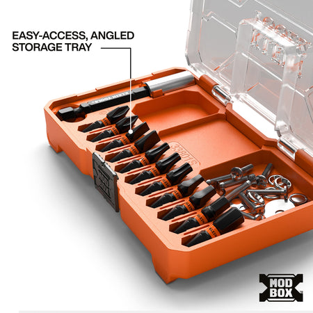 Detailed view of the open Klein Tools storage case with the bits angled in the easy-access storage tray, also showing a side compartment used for storing loose fasteners like screws and washers.