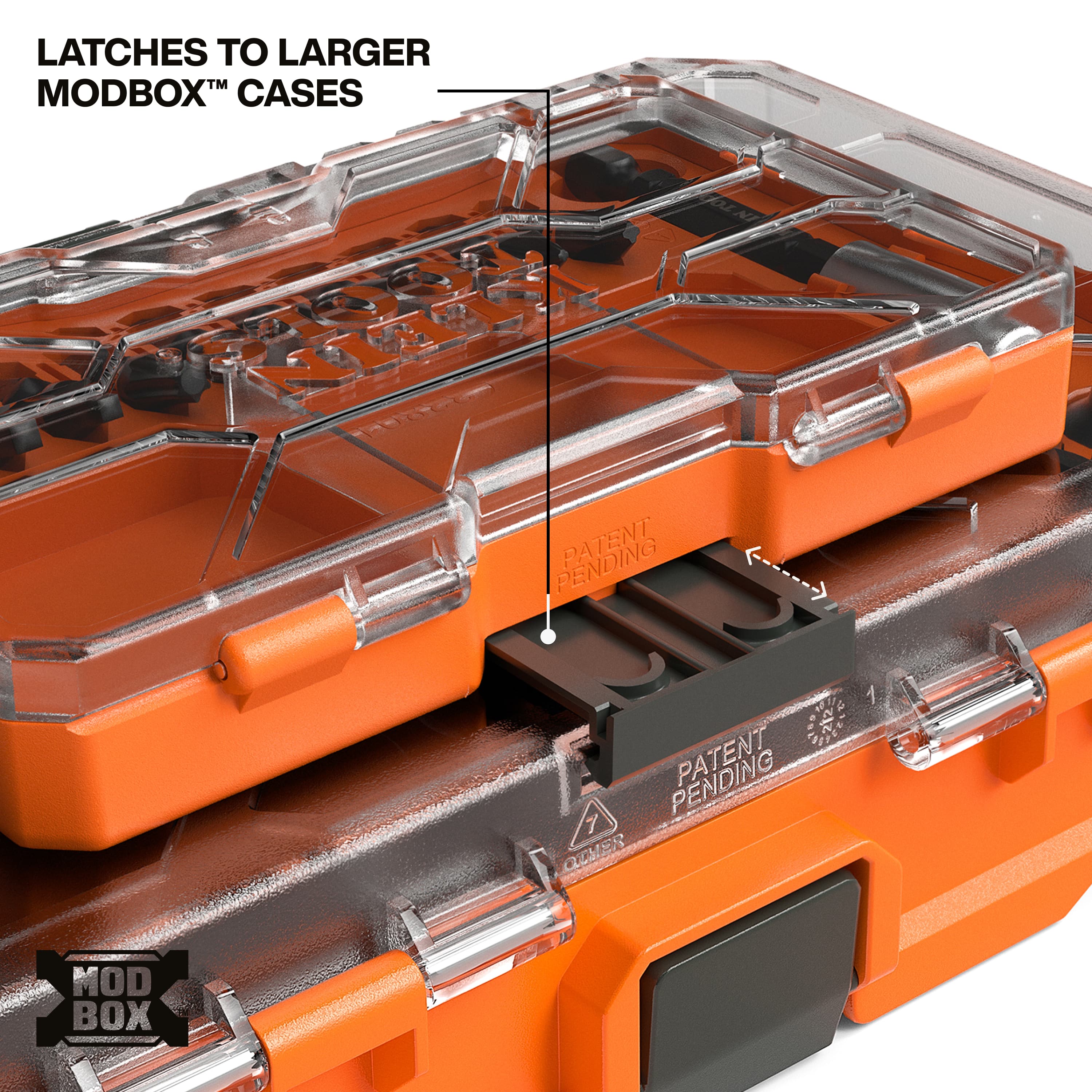 A demonstration of the modular connectivity of the Klein 33801S case, showing how the back latch securely connects to larger MODbox storage cases for organized jobsite tool management.