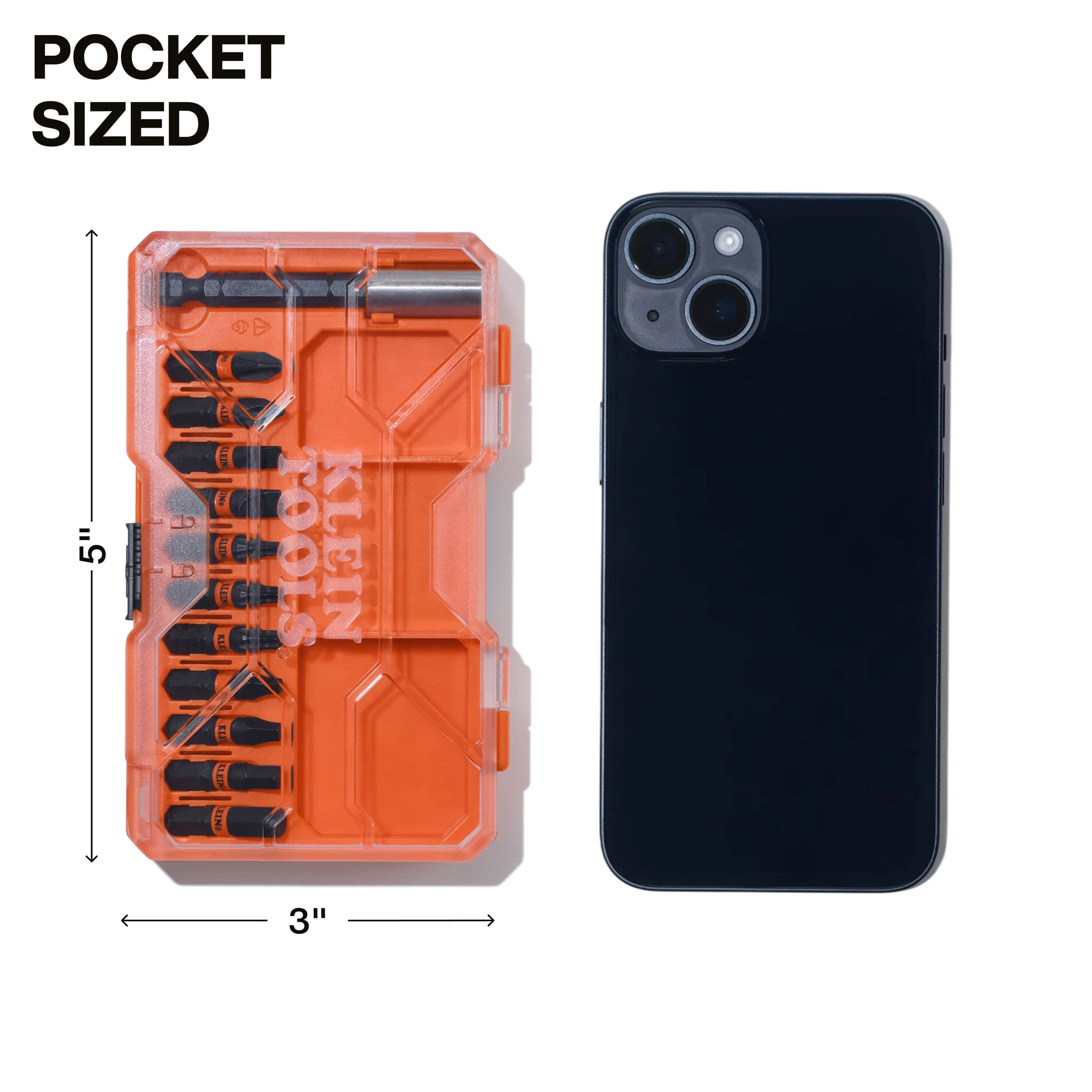 A size comparison image showing the 5-inch by 3-inch pocket-sized Klein bit case next to a modern smartphone, illustrating its portable design that fits easily into tool pouches or pockets.