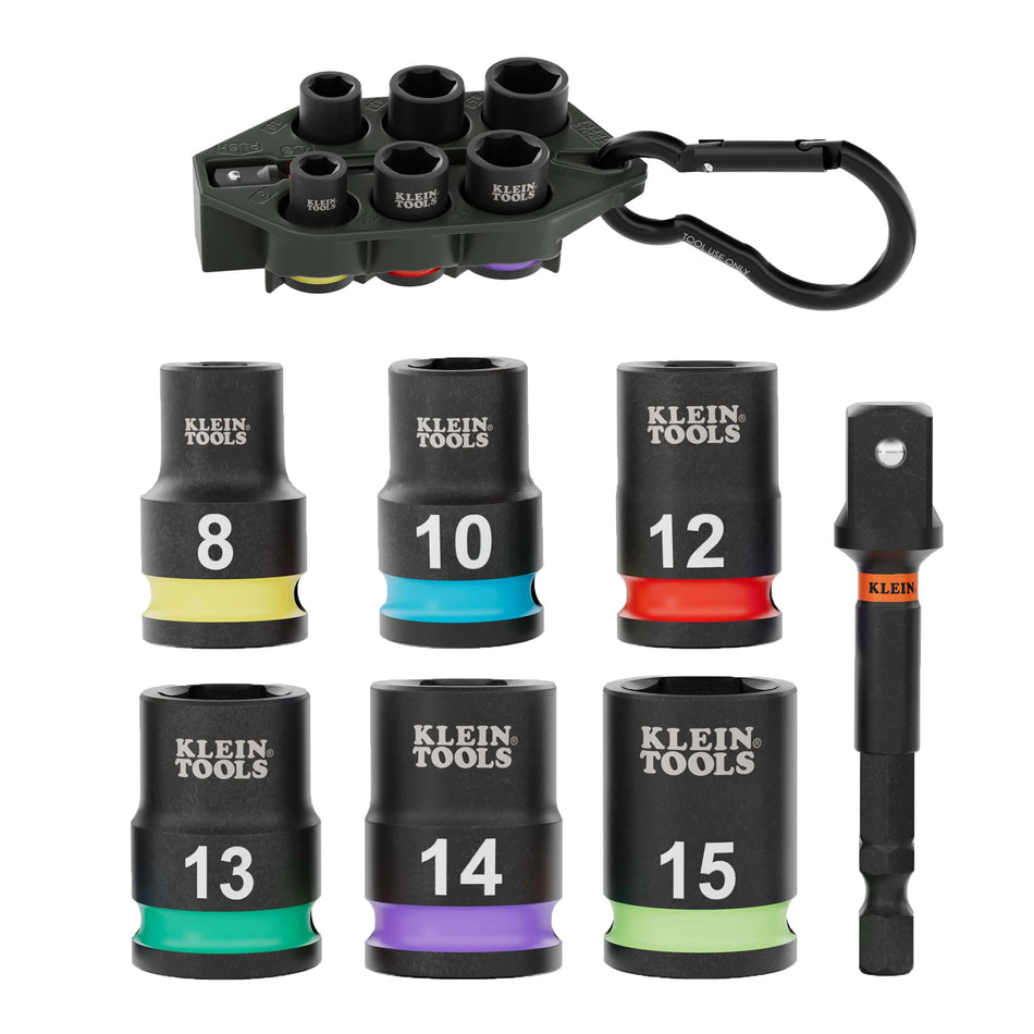 A comprehensive product layout of the Klein Tools 33808M Grab-And-Go impact socket set, showcasing the six metric 3/8-inch drive sockets with color-coded bands, a 3-inch impact adapter, and the black TPV storage sleeve with an attached heavy-duty carabiner.