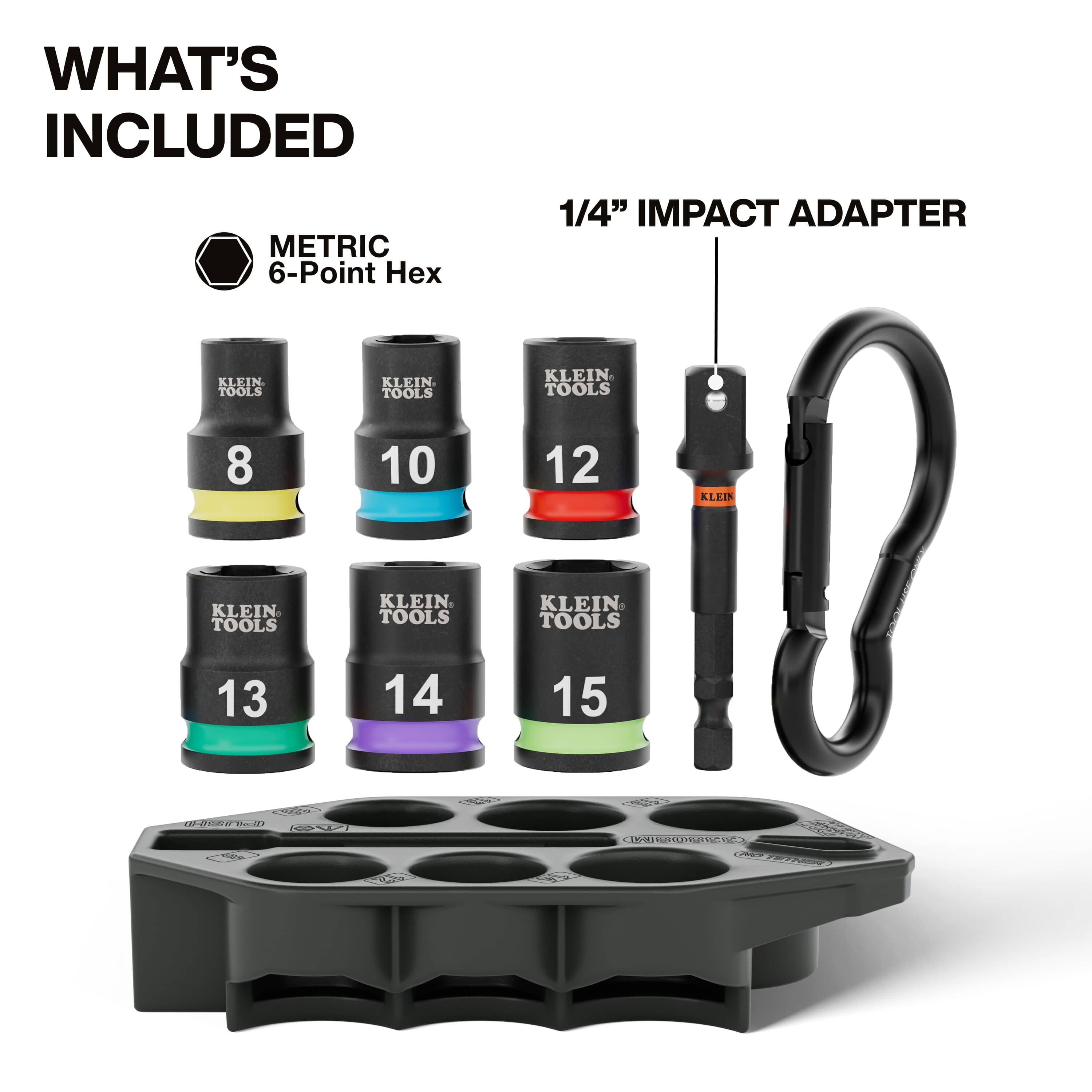 A component breakdown titled What’s Included, displaying the six metric 6-point hex sockets ranging from 8mm to 15mm, a 1/4-inch hex to 3/8-inch square drive impact adapter, a black carabiner, and the passive-retention storage sleeve.