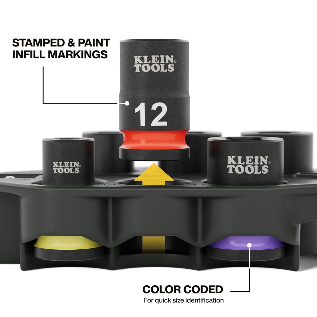 A detailed close-up showing a 12mm metric impact socket being pulled from the storage sleeve, highlighting the bold stamped size markings with white paint infill and the vibrant red color-coded ring for rapid identification.