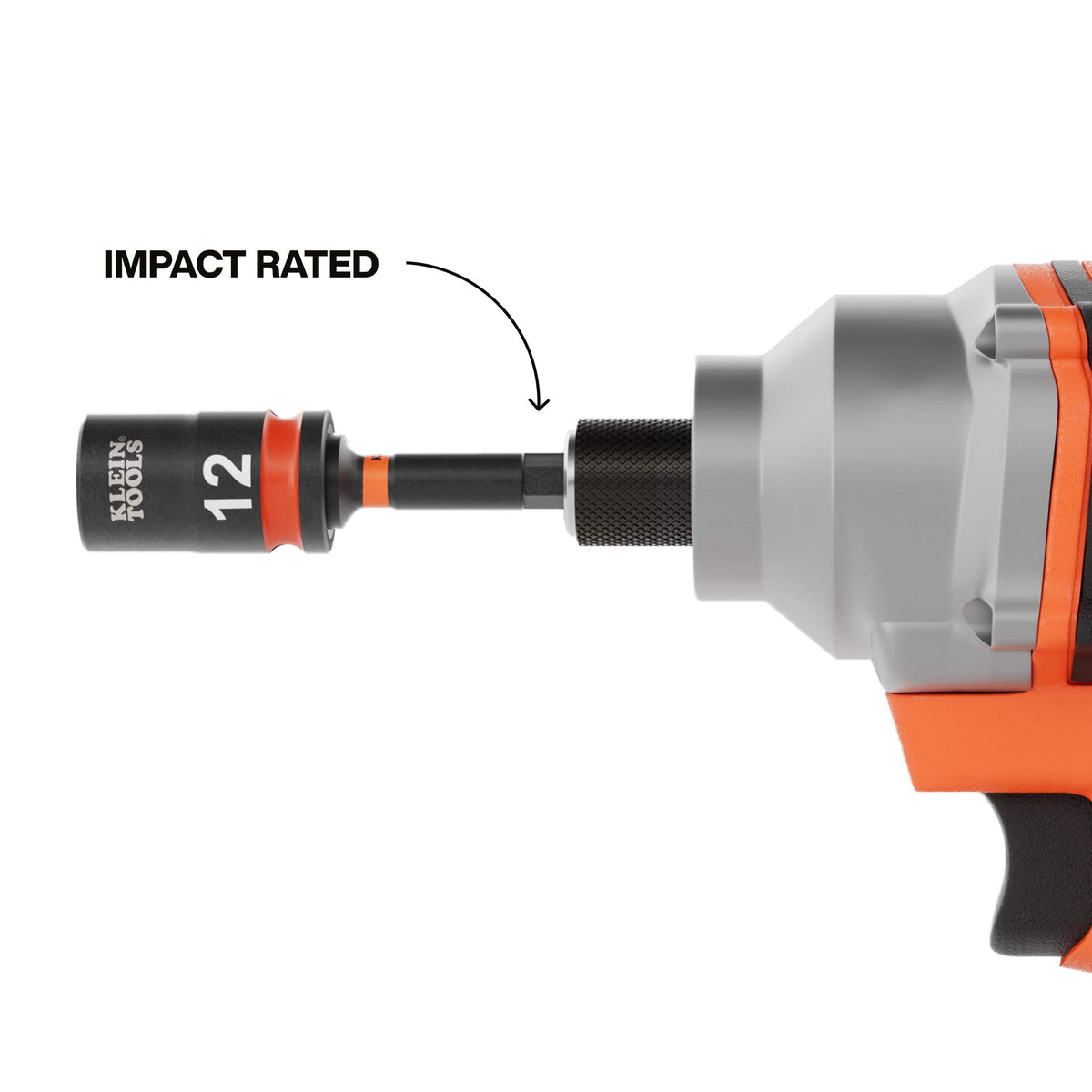 A functional demonstration of the 12mm impact socket attached to a cordless power driver via the included 3-inch adapter, illustrating its professional-grade capability for high-torque mechanical and electrical fastening.