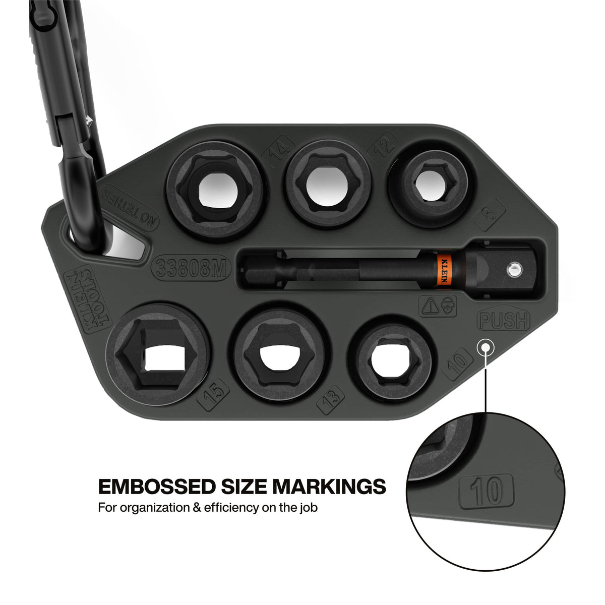 A top-down view of the storage sleeve, emphasizing the embossed size markings on the TPV material which provide permanent organization and ensure each metric socket is returned to its correct position.