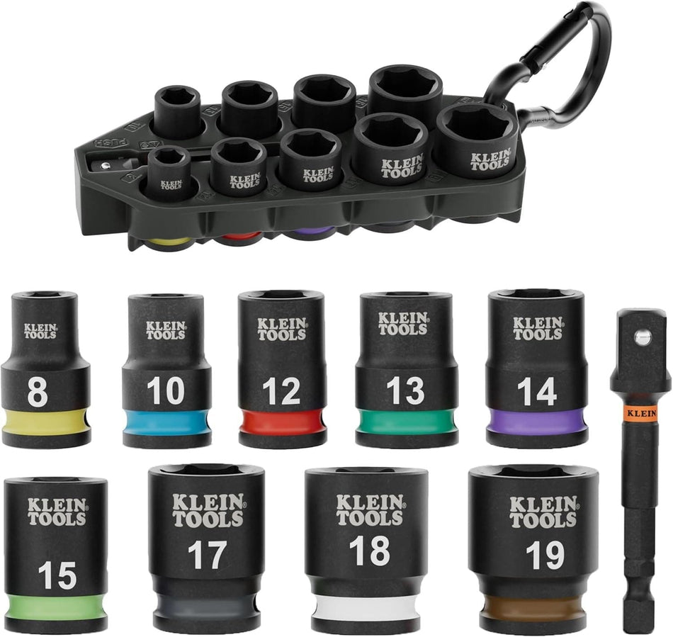 Studio view of the Klein Tools 10-piece metric impact socket set, showing the black socket rail with carabiner and the individual sockets laid out in a row with the impact adapter.