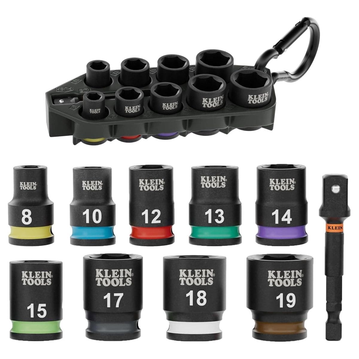 Studio view of the Klein Tools 10-piece metric impact socket set, showing the black socket rail with carabiner and the individual sockets laid out in a row with the impact adapter.