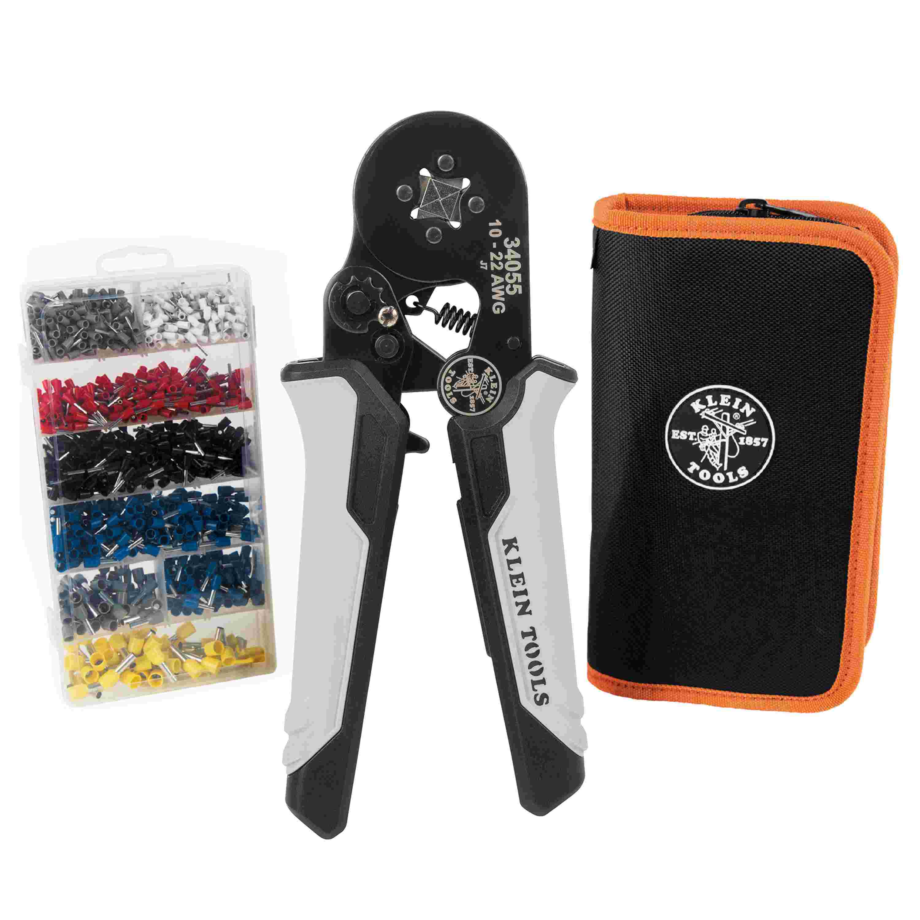 A studio shot of the complete kit featuring the ratcheting square ferrule crimper, a clear organizer box filled with colorful wire terminals, and a black and orange soft storage case.
