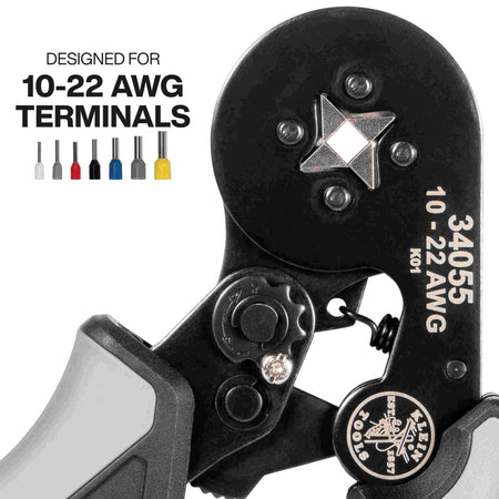 A close-up of the crimper head showing the square die configuration, accompanied by a graphic of different colored wire ferrules and text reading Designed for 10-22 AWG Terminals.
