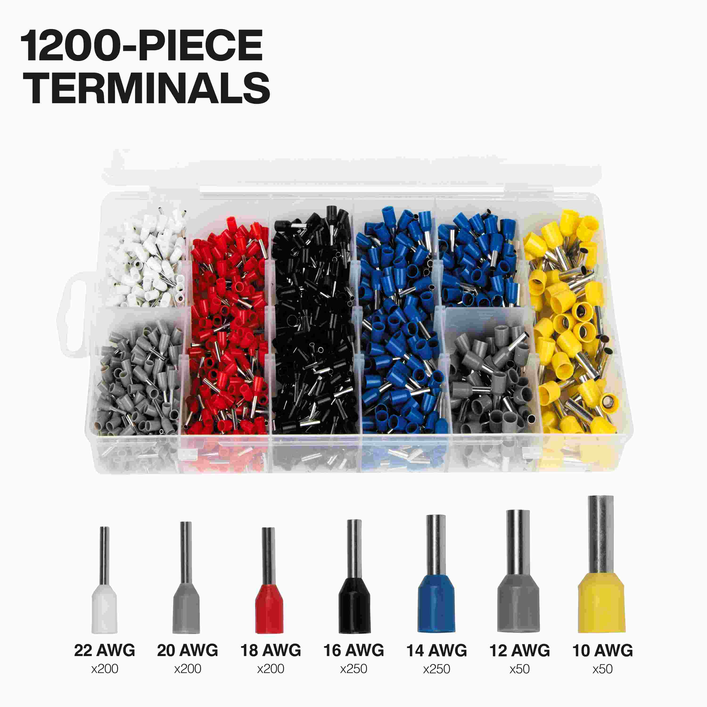 A detailed view of the clear plastic organizer box containing 1,200 color-coded wire ferrules, sorted into compartments by size from 22 AWG to 10 AWG.