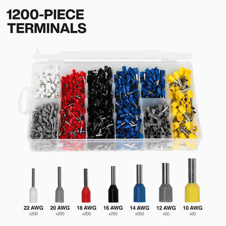 A detailed view of the clear plastic organizer box containing 1,200 color-coded wire ferrules, sorted into compartments by size from 22 AWG to 10 AWG.
