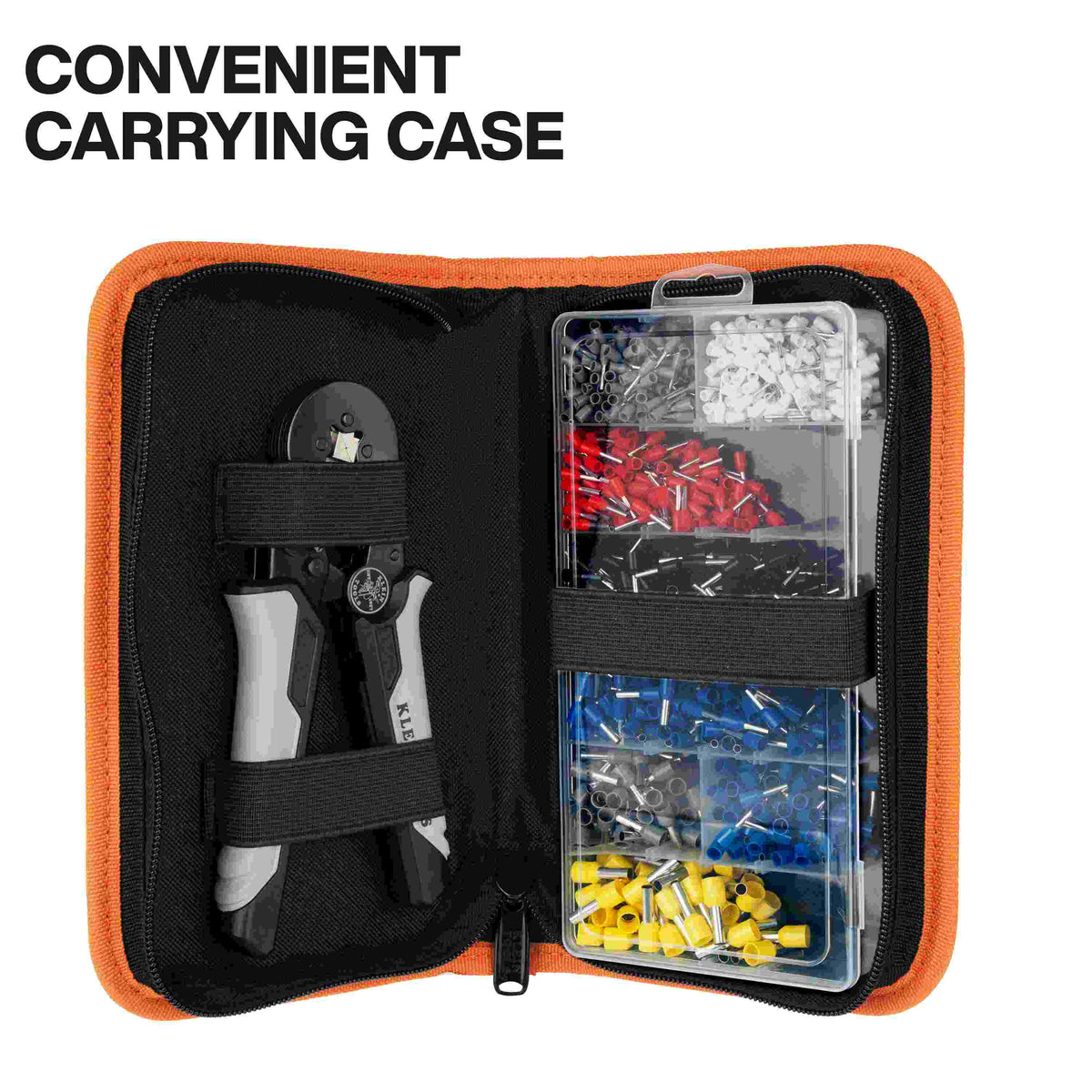 The open soft storage case displaying the crimper tool secured on the left side and the box of terminals secured on the right side with elastic straps.