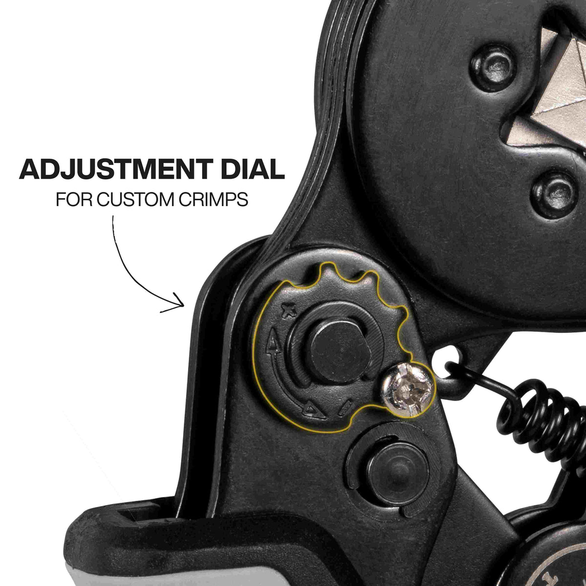 A close-up of the adjustment dial on the side of the crimper tool, highlighted with a yellow outline and text explaining it is for custom crimps.