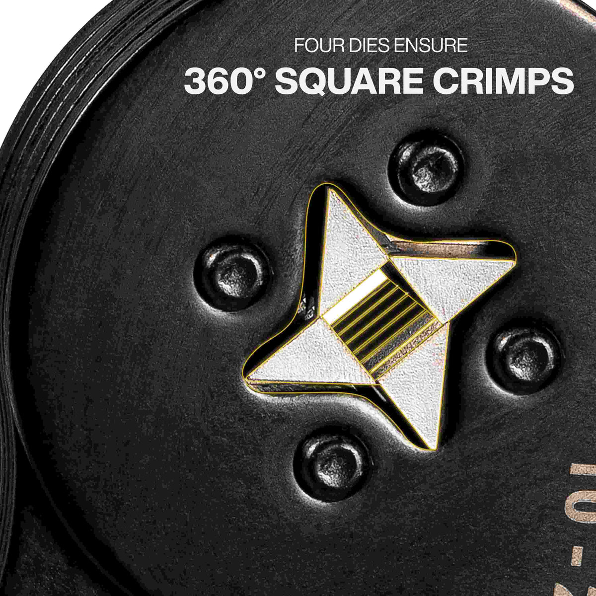 A macro view of the crimping jaws with a gold outline tracing the four-sided die shape, accompanied by text stating Four Dies Ensure 360 Degree Square Crimps.