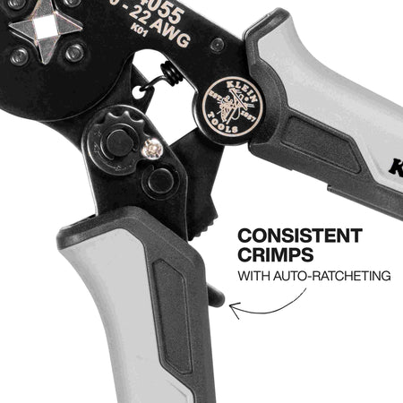 A close-up of the tool's handle mechanism highlighting the auto-ratcheting feature and the Klein Tools logo medallion.