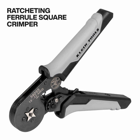 An angled studio shot of the crimper tool alone, showing the grey and black ergonomic handles and the crimping head in the open position.