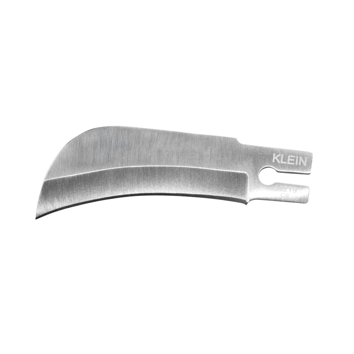 A side studio profile of a single Klein Tools 44219 replacement hawkbill blade. The image highlights the curved induction-hardened stainless steel edge and the notched attachment point featuring the laser-etched Klein brand logo, designed for professional cable skinning applications.