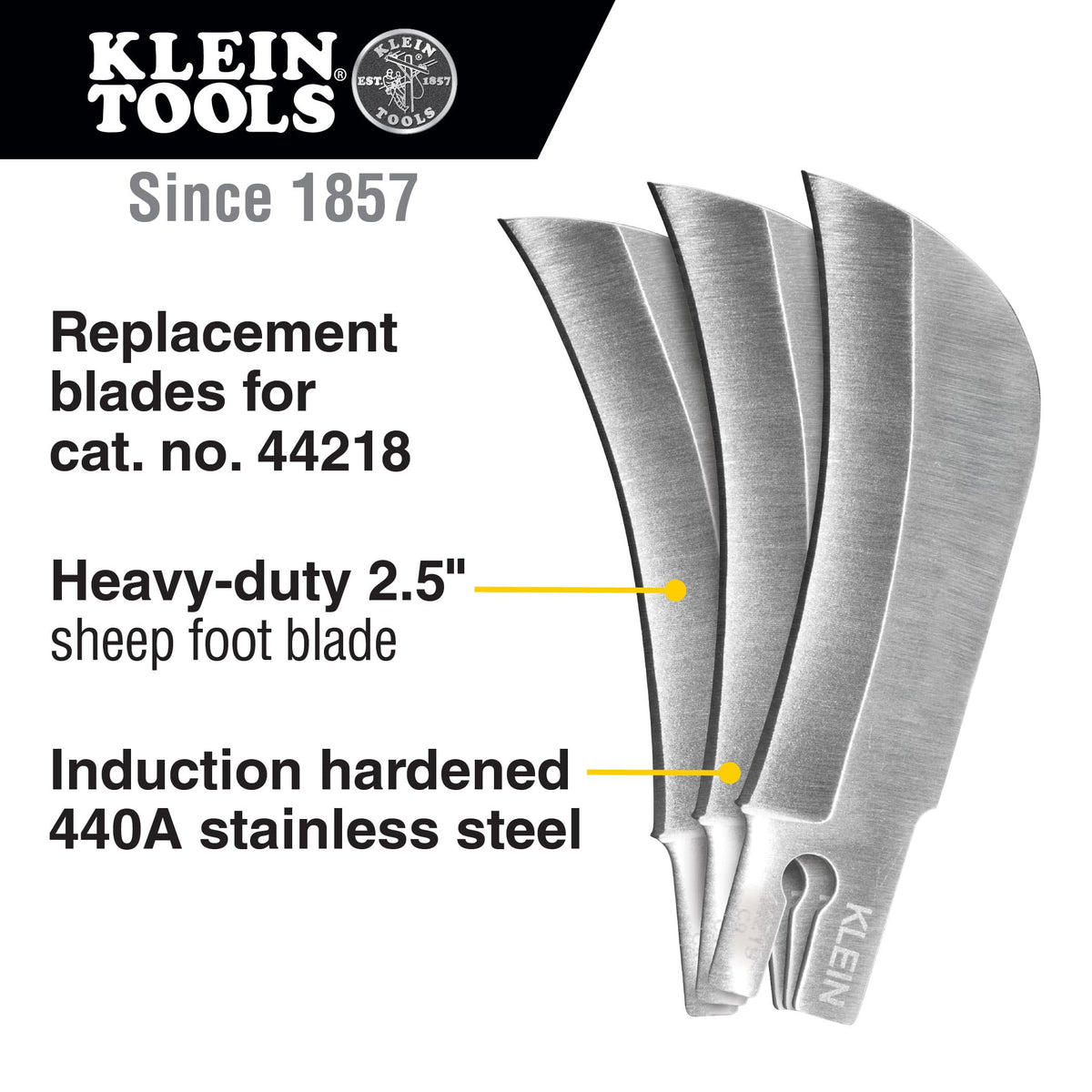 An informational marketing graphic for the Klein Tools 44219 blade 3-pack. The image displays three fanned-out hawkbill blades alongside descriptive text highlighting their use as replacement blades for the Cat. No. 44218 folding utility knife, featuring heavy-duty 2.5-inch sheepfoot profiles and induction-hardened 440A stainless steel construction.