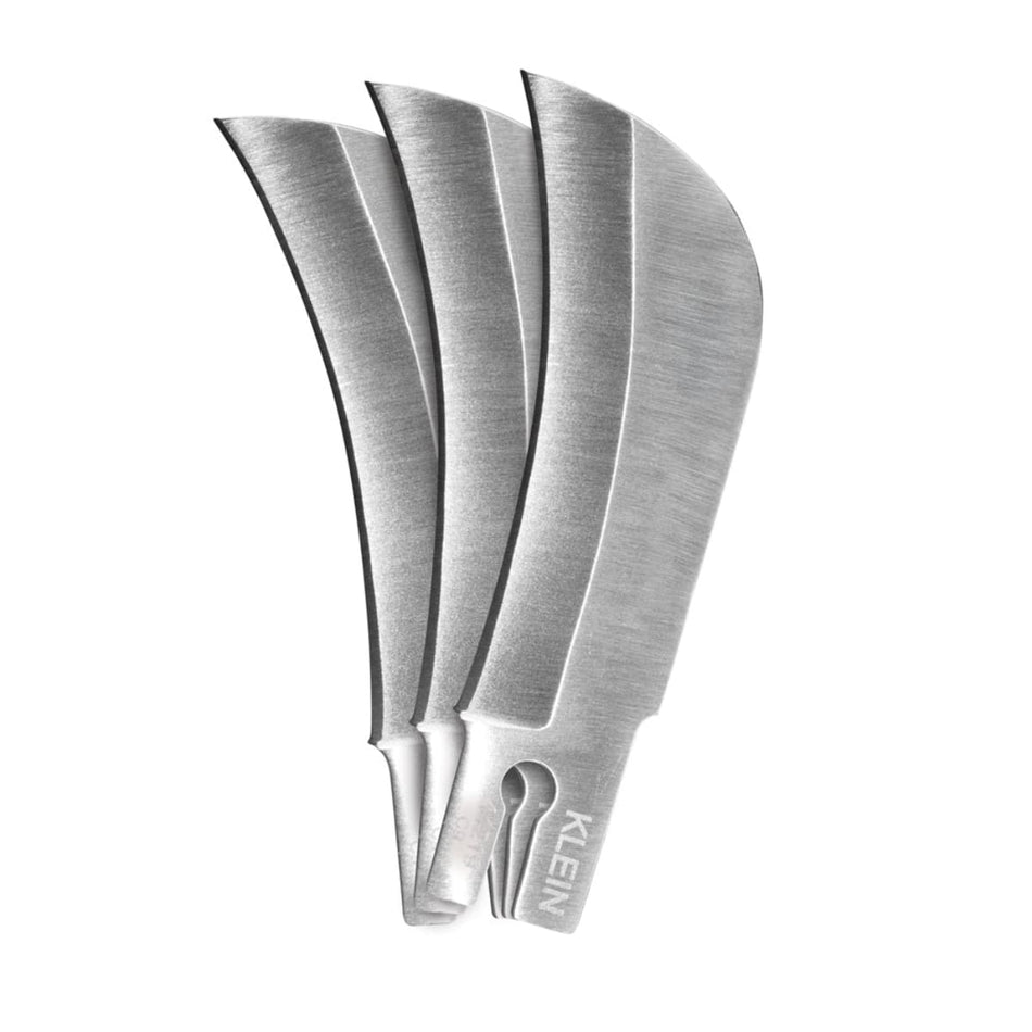 A studio shot showing a 3-pack of Klein Tools 44219 replacement utility blades fanned out. The fanned arrangement clearly displays the sharp, curved hawkbill profile and the high-quality stainless steel finish of the professional-grade wire stripping and cable skinning refills.
