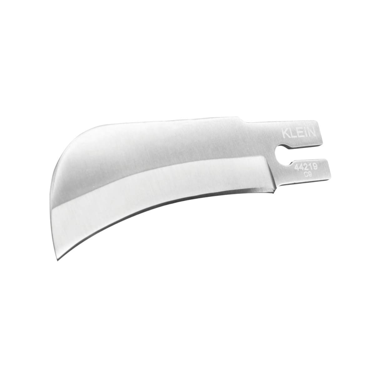 A perspective view of the Klein 44219 hawkbill replacement blade. The image emphasizes the specialized sheepfoot blade shape and the precision-engineered mounting notch, showcasing the laser-etched model number and brand for easy identification in an electrical tool kit.