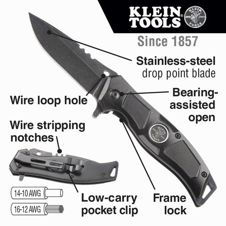 Klein Tools electrician pocket knife product feature infographic detailing layout components, including indicators for the stainless-steel drop point blade, smooth bearing-assisted open mechanics, wire loop hole, integrated frame lock, wire stripping notches for 14-10 AWG solid and 16-12 AWG stranded conductors, and a low-carry pocket clip.