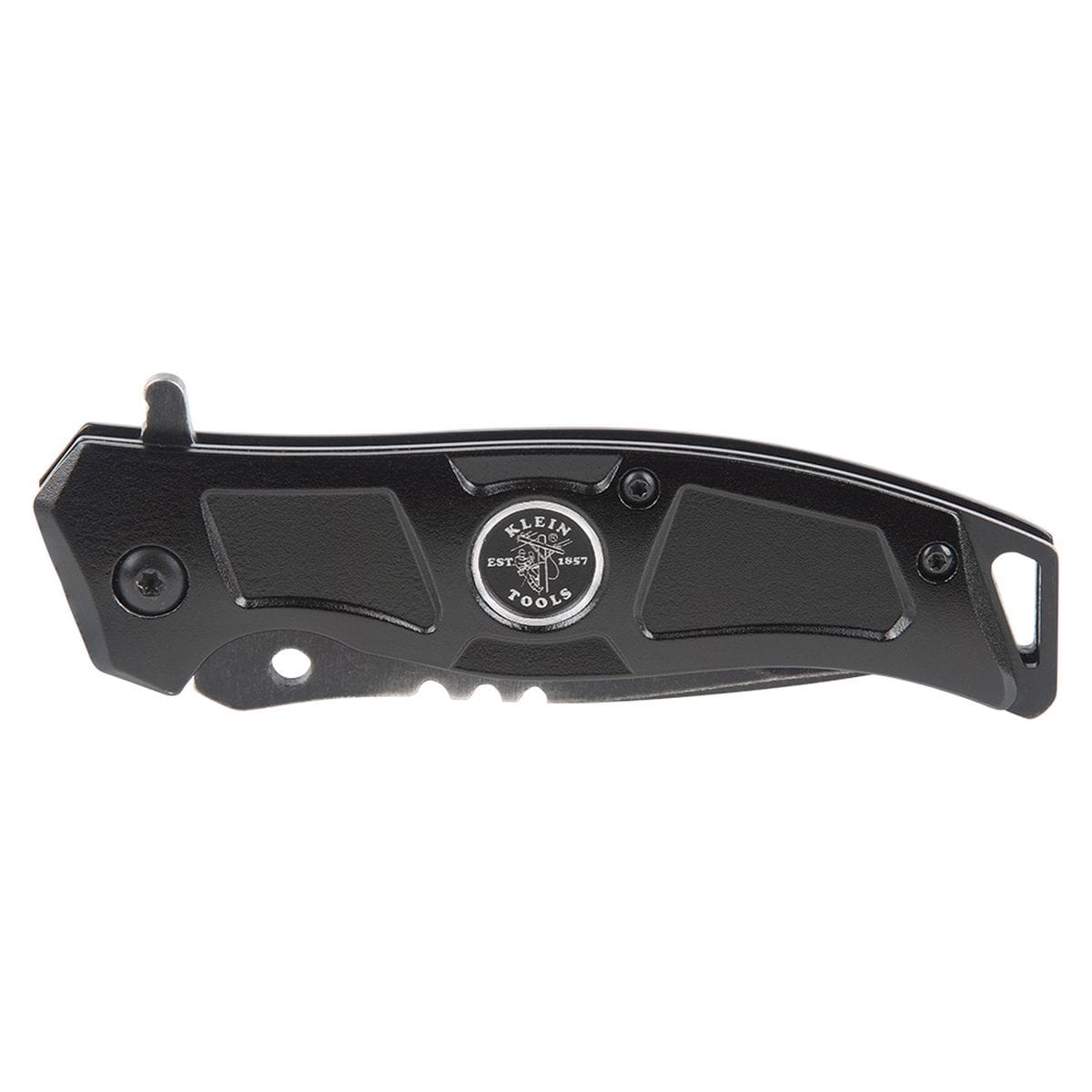 Klein Tools bearing-assisted pocket knife shown completely folded in the closed position on a white background, displaying the rugged black anodized aluminum handle scale profile, integrated frame lock boundary line, secure flush-mount pivot screw, lanyard tether hole, and the classic round company emblem.