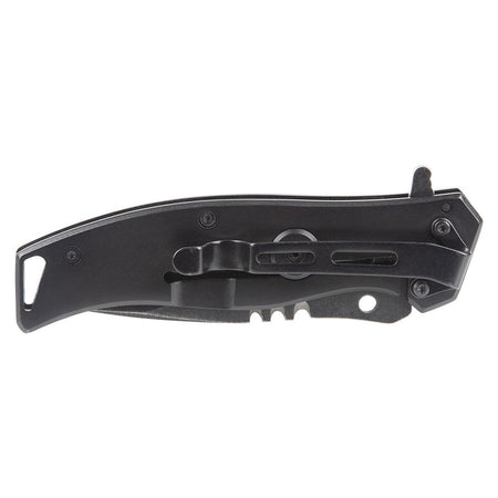 The reverse flat side view of the closed folding electrician pocket knife isolated on a white background, highlighting the heavy-duty low-carry black steel pocket clip mounted securely near the integrated lanyard tether slot loop and flat assembly hardware configuration.