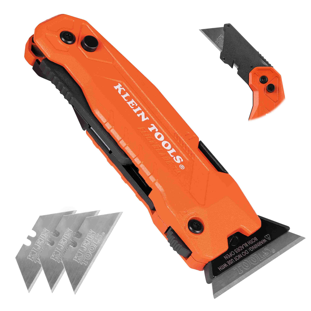 Composite view of the orange folding tool shown in the closed position, with inset views of the knife blade extended and scraper blade deployed, accompanied by three spare blades.