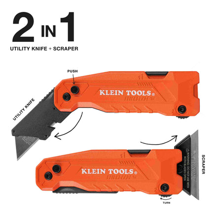 Infographic titled 2 in 1 Utility Knife plus Scraper showing the side profile of the tool transforming from a standard knife to a scraper using a push button and turn dial.