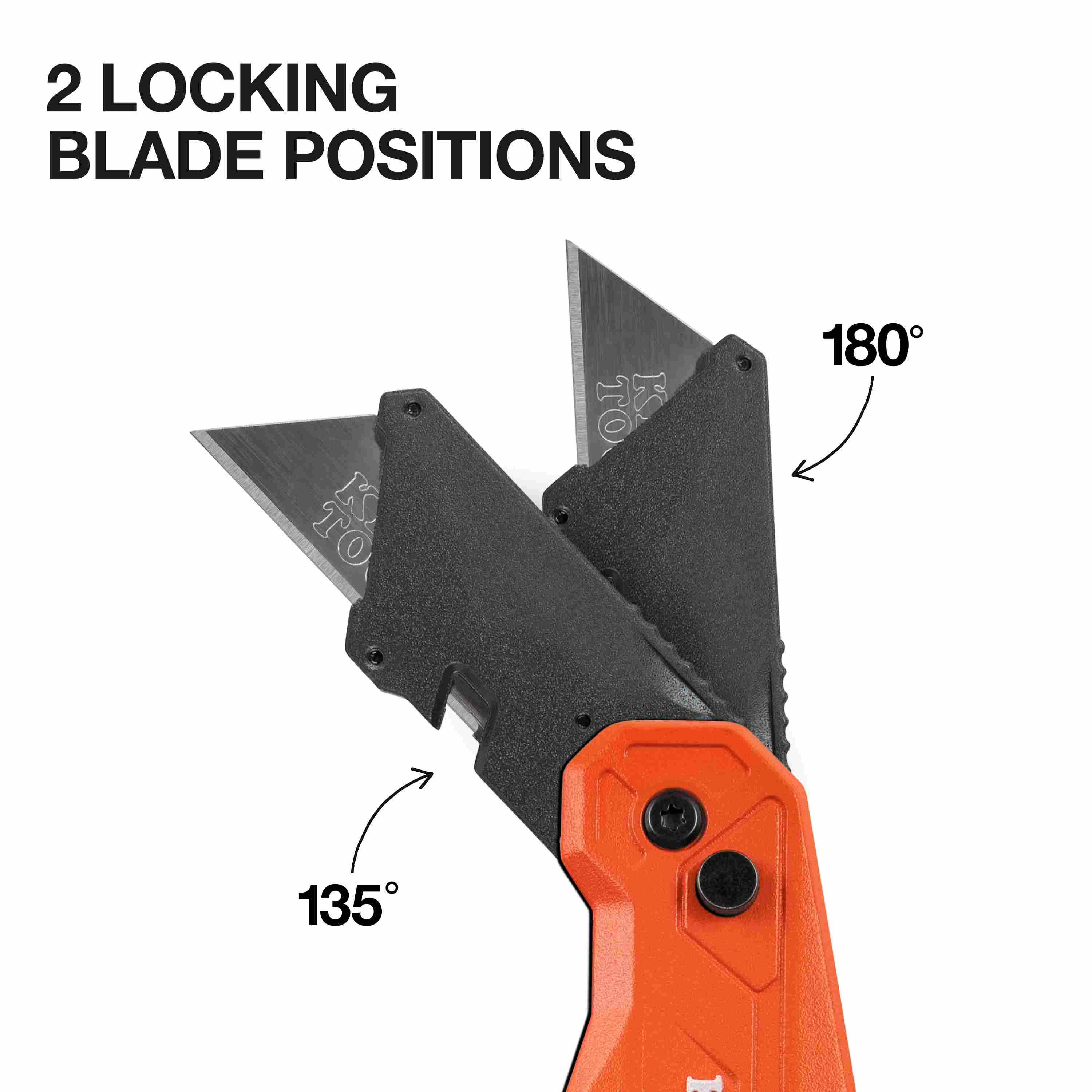 Graphic illustrating the two locking blade positions, displaying the blade head locked at both a 135-degree angle and a straight 180-degree angle.