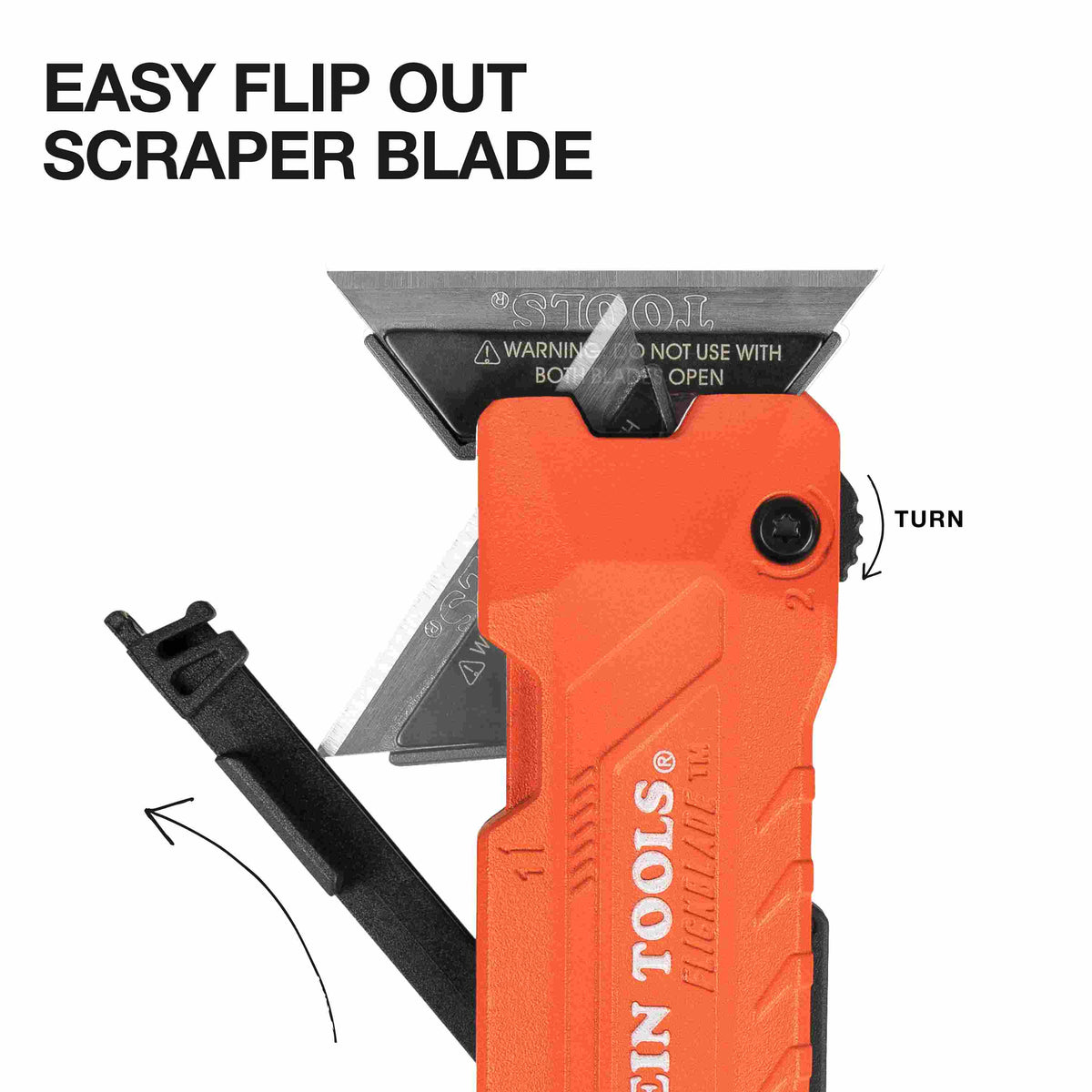 Close-up graphic titled Easy Flip Out Scraper Blade demonstrating how the blade holder swings open from the handle to convert into a scraper.
