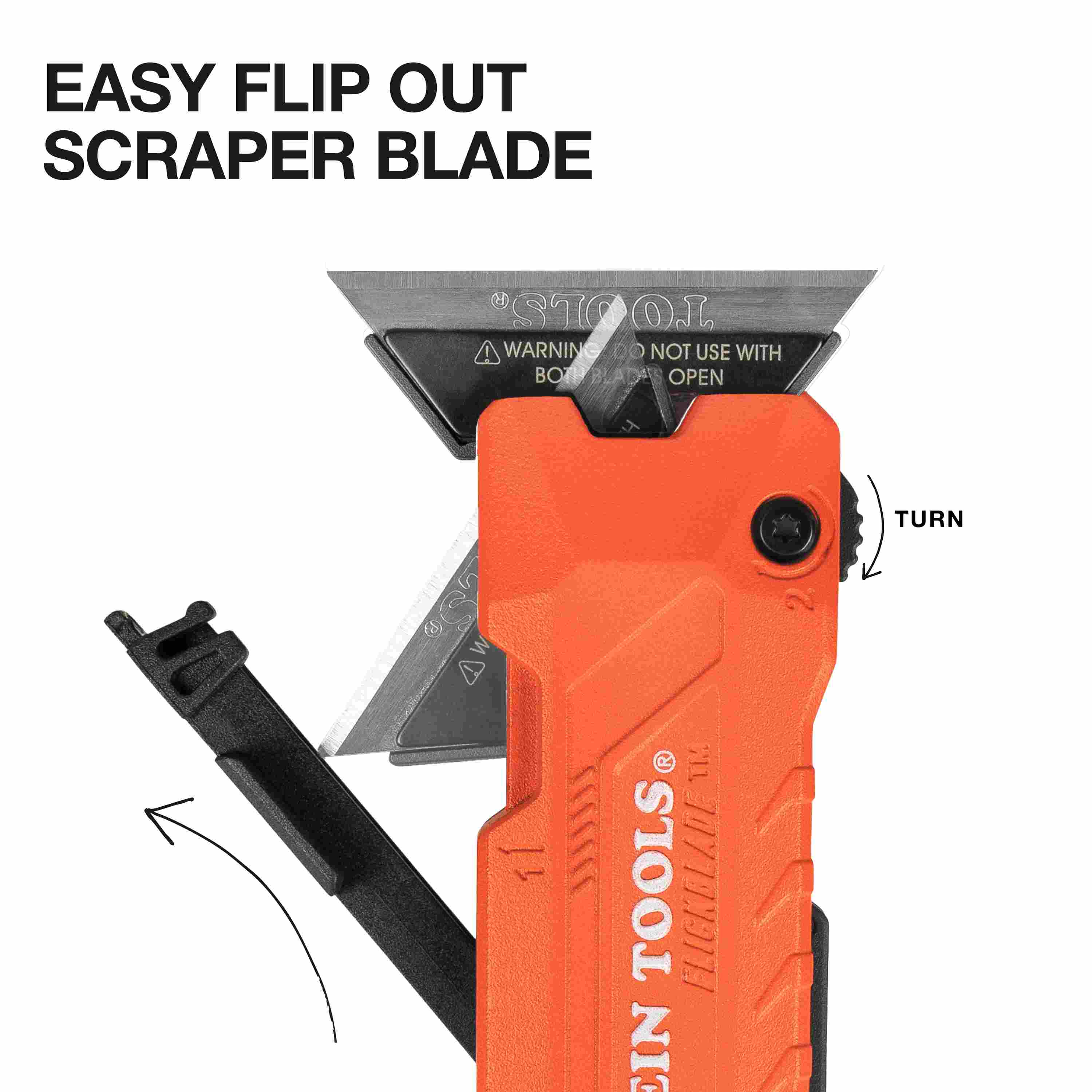 Close-up graphic titled Easy Flip Out Scraper Blade demonstrating how the blade holder swings open from the handle to convert into a scraper.