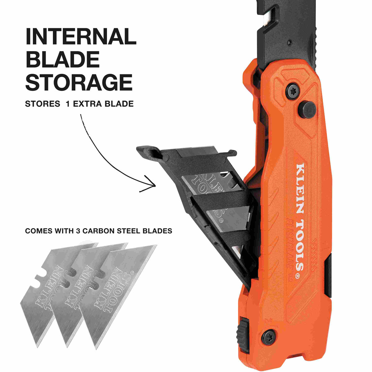 View of the open handle revealing the internal blade storage compartment holding a spare blade, with text noting it stores one extra blade and comes with three carbon steel blades.