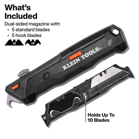 An infographic labeled What’s Included, showcasing the retractable utility knife alongside its dual-sided magazine that holds up to 10 blades, including 5 standard straight blades and 5 specialized hook blades for heavy-duty cutting.