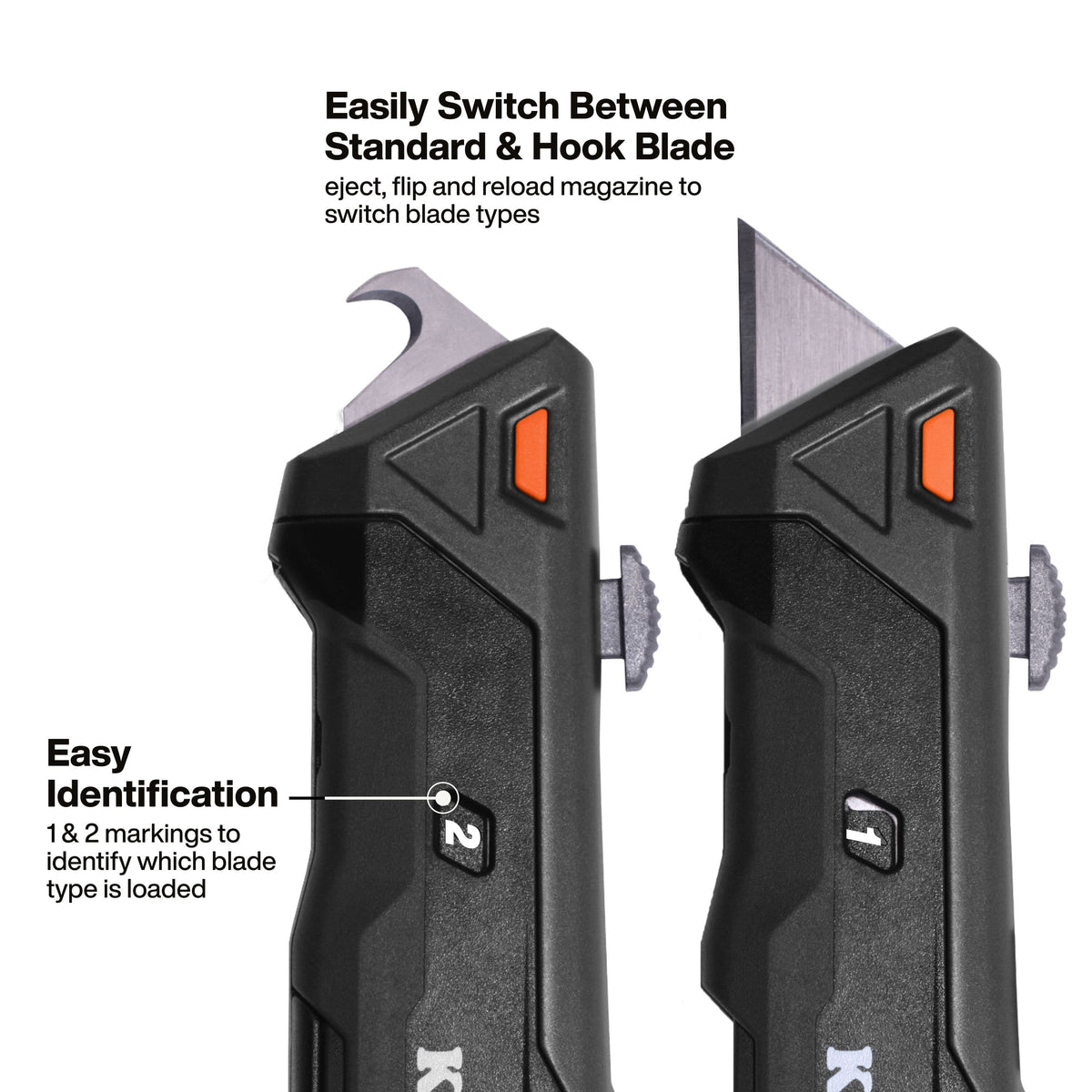 A comparison graphic demonstrating the ease of switching between a standard utility blade and a hook blade, highlighting the 1 and 2 markings on the knife body that allow for easy identification of which blade type is currently loaded.