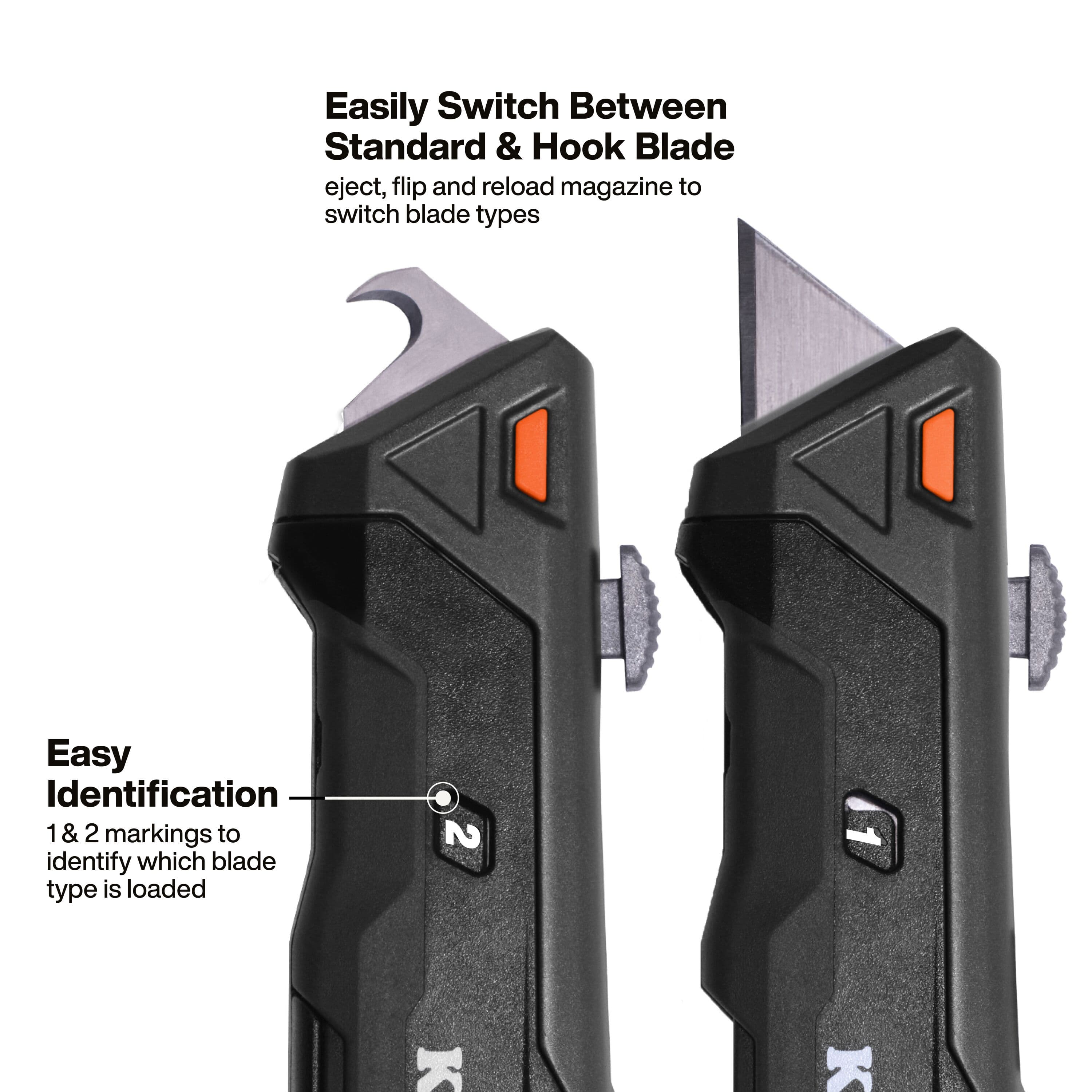 A comparison graphic demonstrating the ease of switching between a standard utility blade and a hook blade, highlighting the 1 and 2 markings on the knife body that allow for easy identification of which blade type is currently loaded.