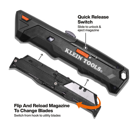 A technical diagram illustrating the quick-release magazine system, showing how to slide the orange switch to unlock and eject the magazine, then flip and reload it to instantly transition from hook blades to standard utility blades.