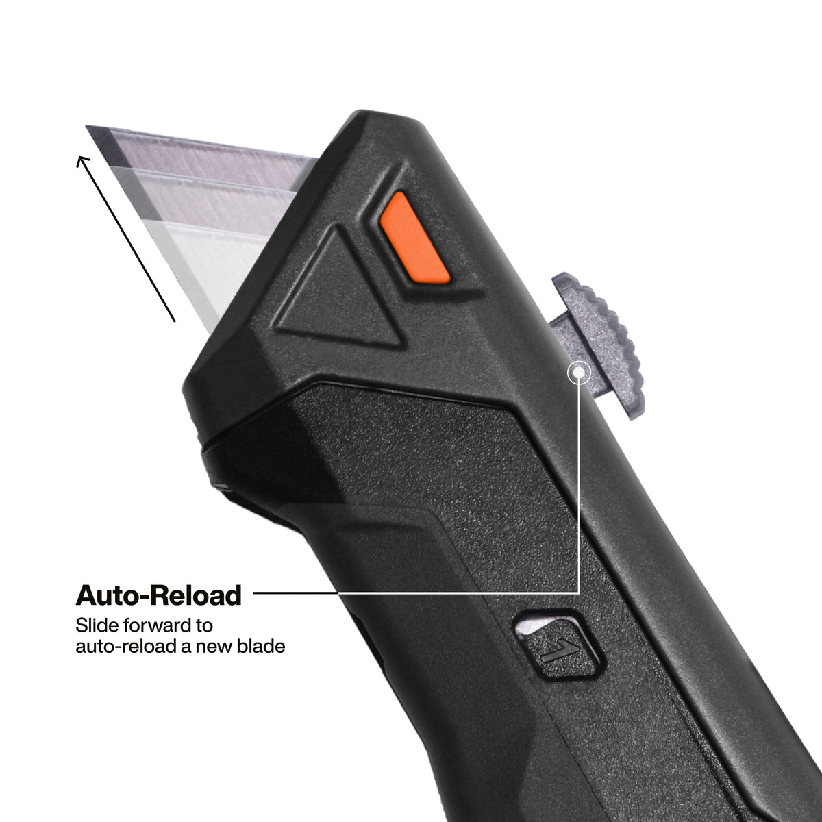 Close-up detail of the auto-reload feature, showing the slide-forward motion that automatically chambers a fresh blade from the internal magazine for uninterrupted cutting on the jobsite.