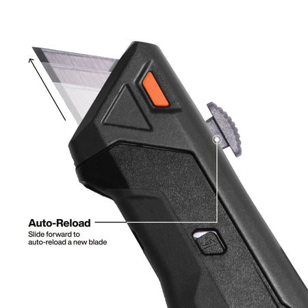 Close-up detail of the auto-reload feature, showing the slide-forward motion that automatically chambers a fresh blade from the internal magazine for uninterrupted cutting on the jobsite.