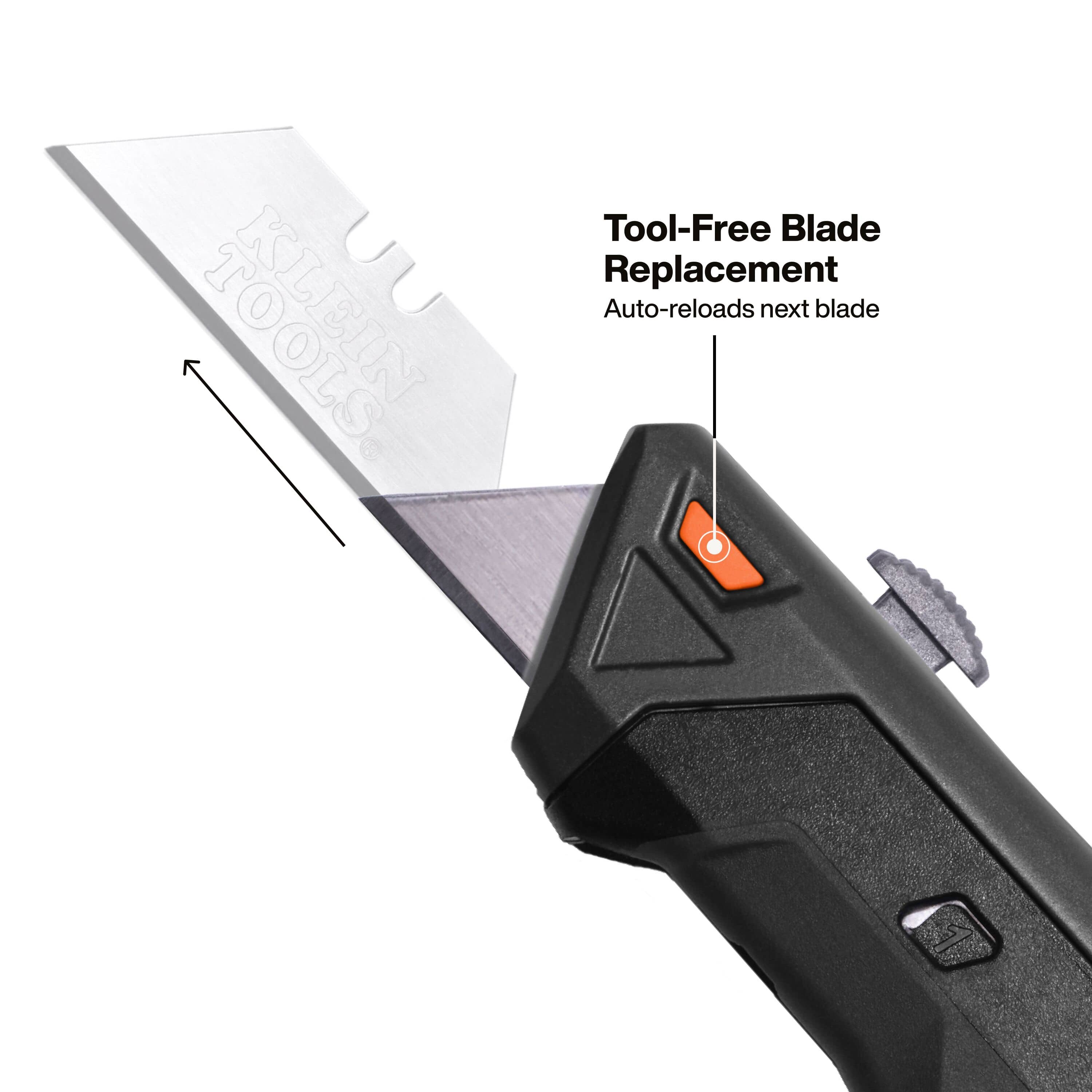 An instructional graphic for tool-free blade replacement, demonstrating how the Klein Tools utility knife automatically reloads the next blade in the sequence when the previous one is removed or retracted.