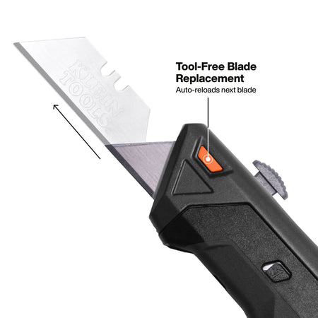 An instructional graphic for tool-free blade replacement, demonstrating how the Klein Tools utility knife automatically reloads the next blade in the sequence when the previous one is removed or retracted.