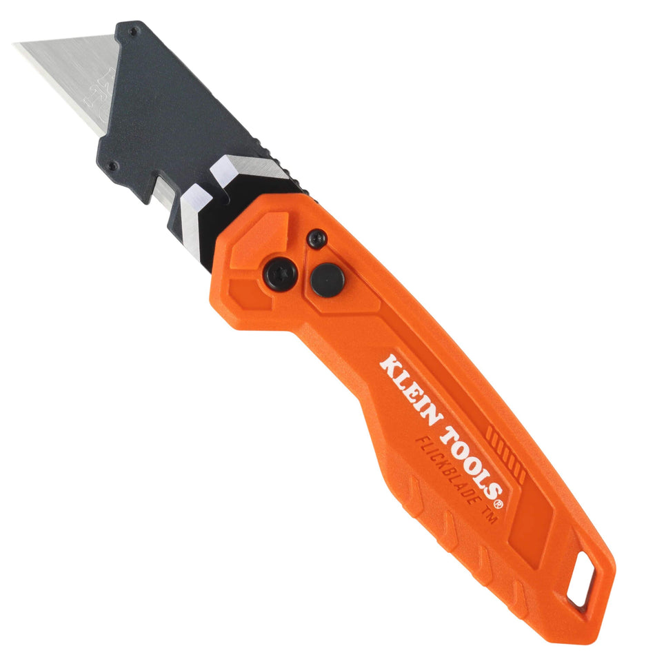 A professional profile view of the Klein Tools 44309 FLICKBLADE utility knife in its open position, featuring a high-visibility orange handle, a 180-degree locked blade, and an integrated pry bar tip.