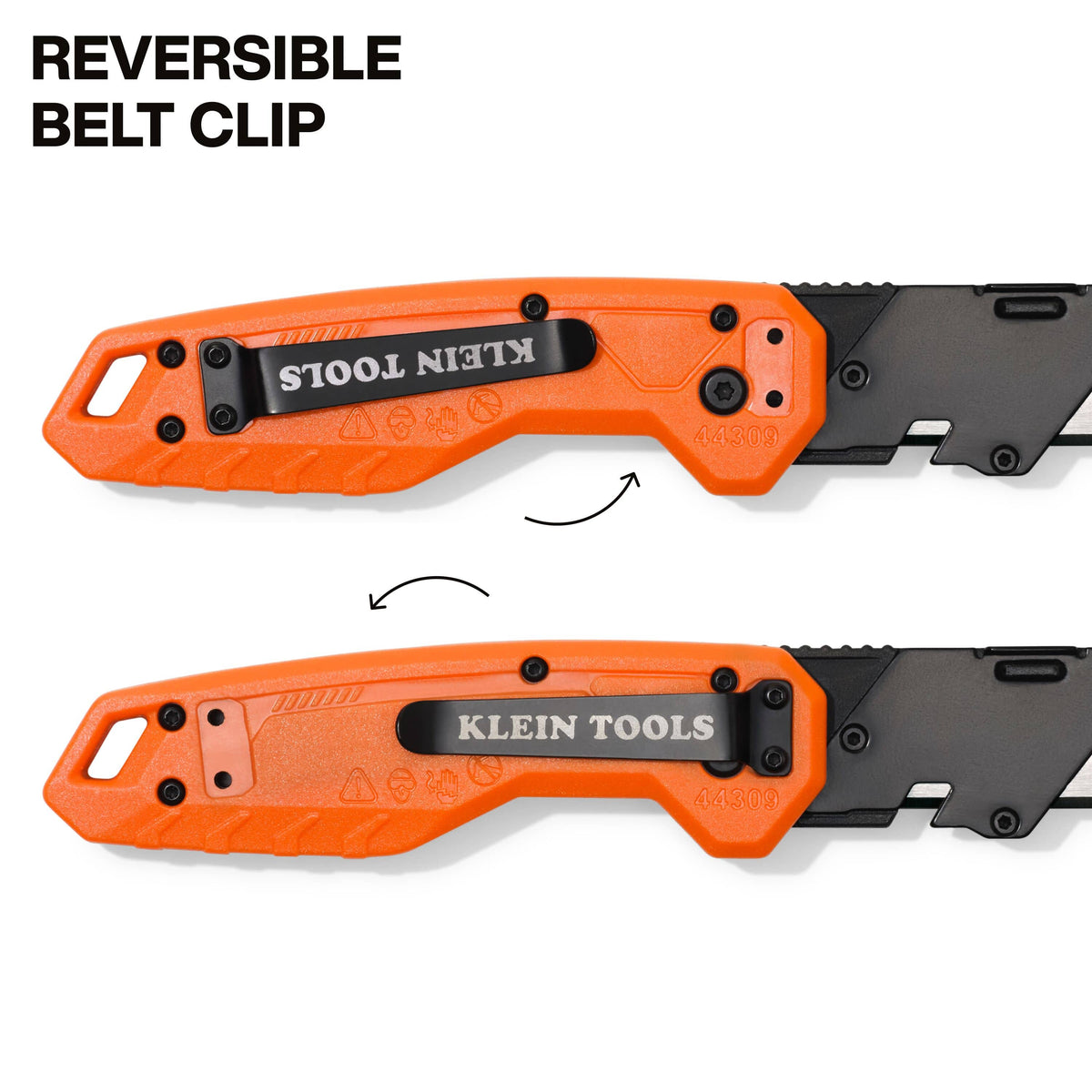 A technical graphic showcasing the reversible black metal belt clip on the orange handle, illustrating how it can be mounted on either side to accommodate both left and right-handed pocket carry.