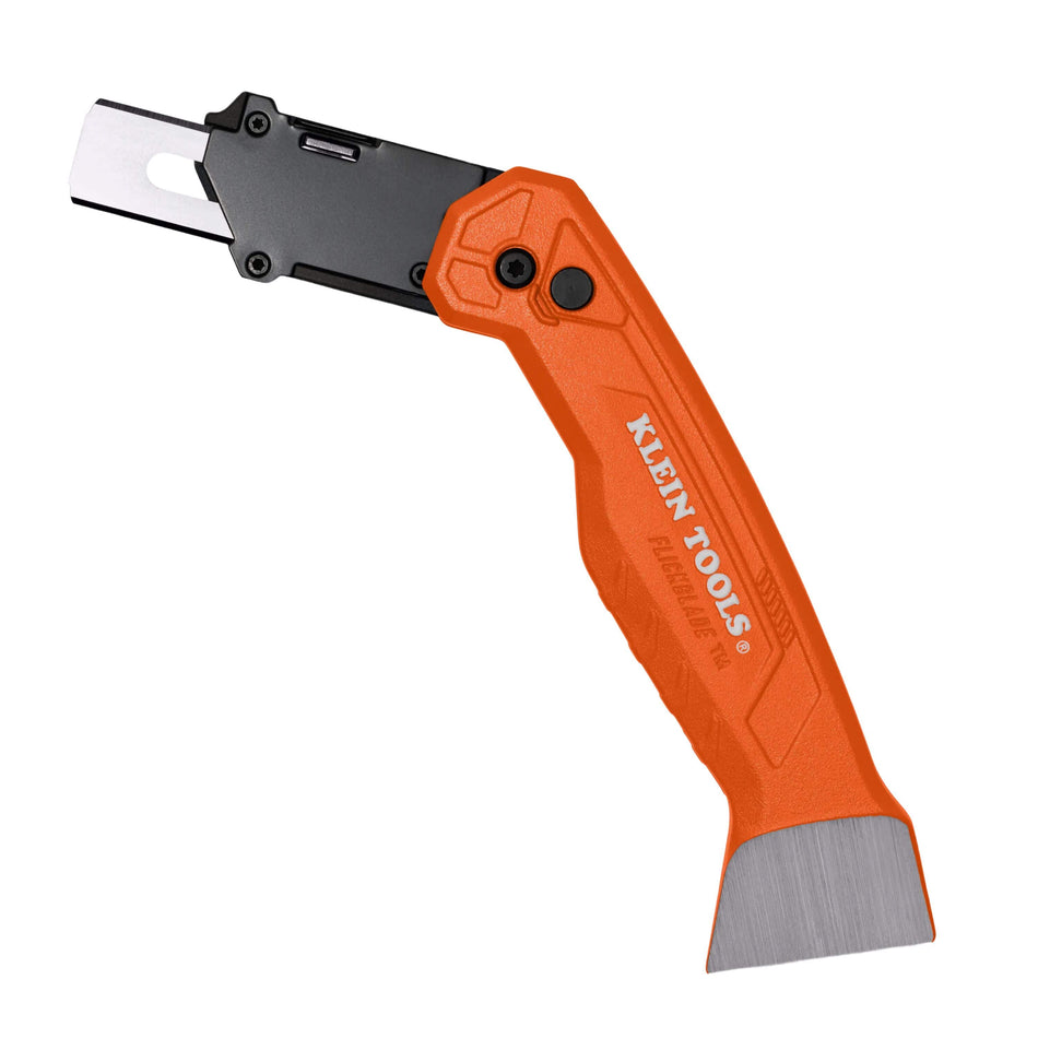 A profile view of the Klein Tools 44310 FLICKBLADE folding carpet utility knife featuring a high-visibility orange aluminum handle, a standard carpet blade locked in the 180-degree position, and a built-in steel tucking tool at the base.