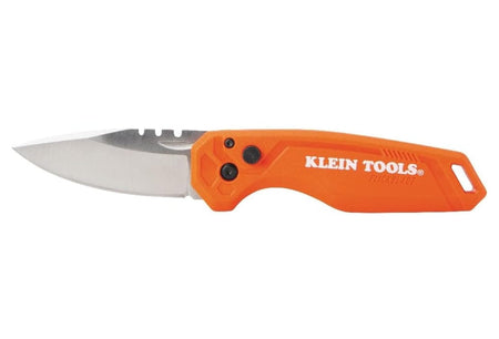 Studio view of the open Klein Tools FLICKBLADE knife featuring a high-visibility orange handle and stainless steel drop point blade.
