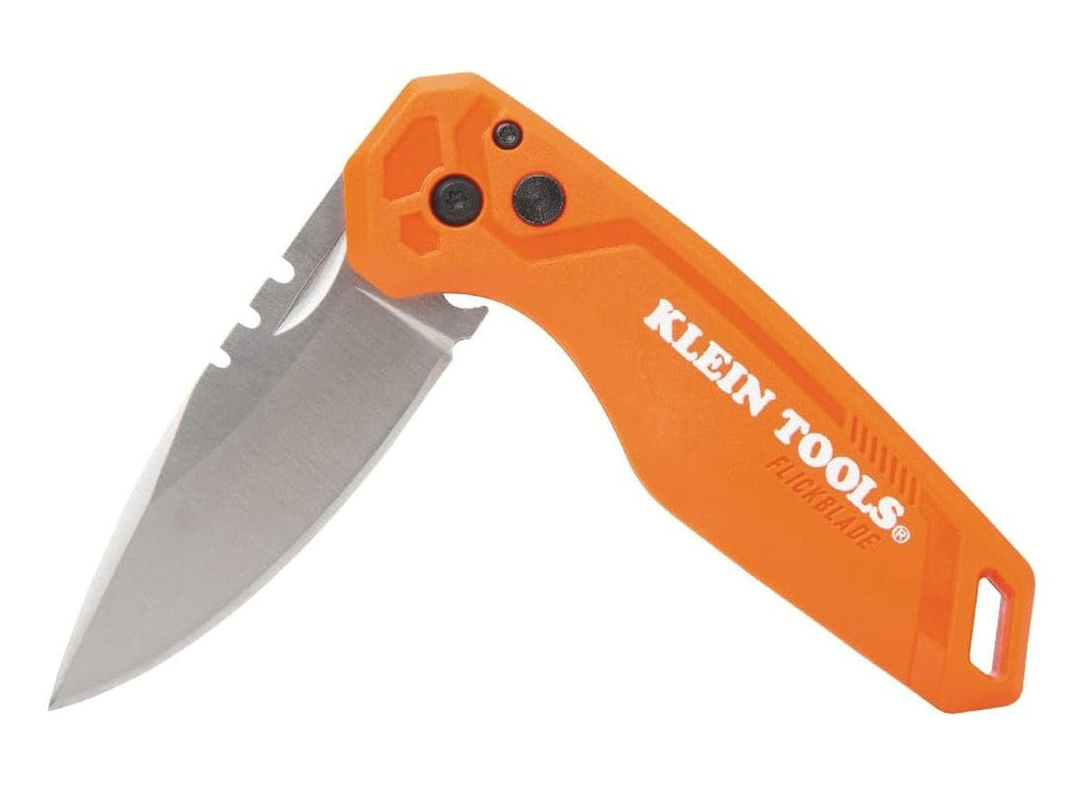 View of the pocket knife in a partially folded position, demonstrating the pivot point and button lock mechanism.