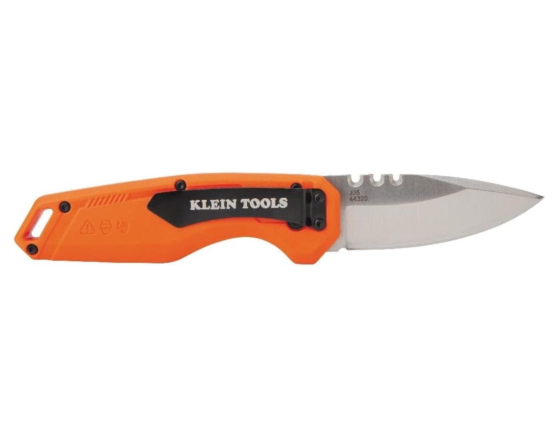 Reverse side view of the open knife displaying the black metal pocket clip with the Klein Tools logo and the tether hole.