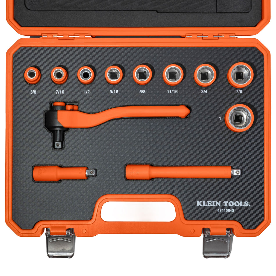Overhead view of the Klein Tools 47110INS insulated socket set organized in a custom foam-lined orange carrying case, including a 3/8-inch drive ratchet, extension bars, and 12-point sockets.