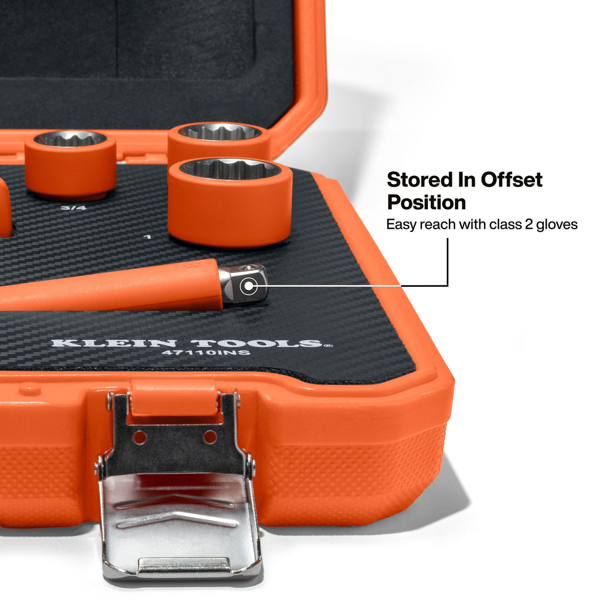 Detailed view of an extension bar stored in an offset position within the foam case, designed to allow for an easy reach and quick tool retrieval while wearing bulky Class 2 safety gloves.