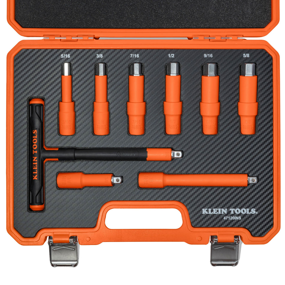 Overhead view of the Klein Tools 47120INS insulated T-handle hex set organized in a custom foam-lined orange carrying case, including a 3/8-inch drive T-handle, extension bars, and SAE hex bits.